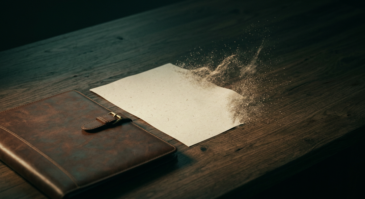 Dossier en cuir fermé sur un bureau sombre, page vierge effacée par un souffle de lumière